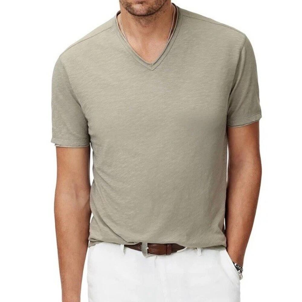John Varvatos Men’s Short Sleeve Miles Raw Edges Slub V-Neck T-Shirt Spruce Larg